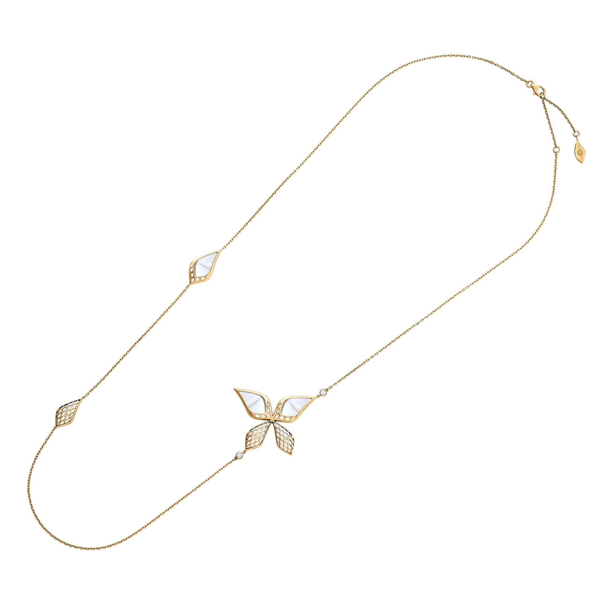 City of Dreamers Blossom Long Necklace – premium luxury 18K Saudi jewelry design from Shahadalqabbaa