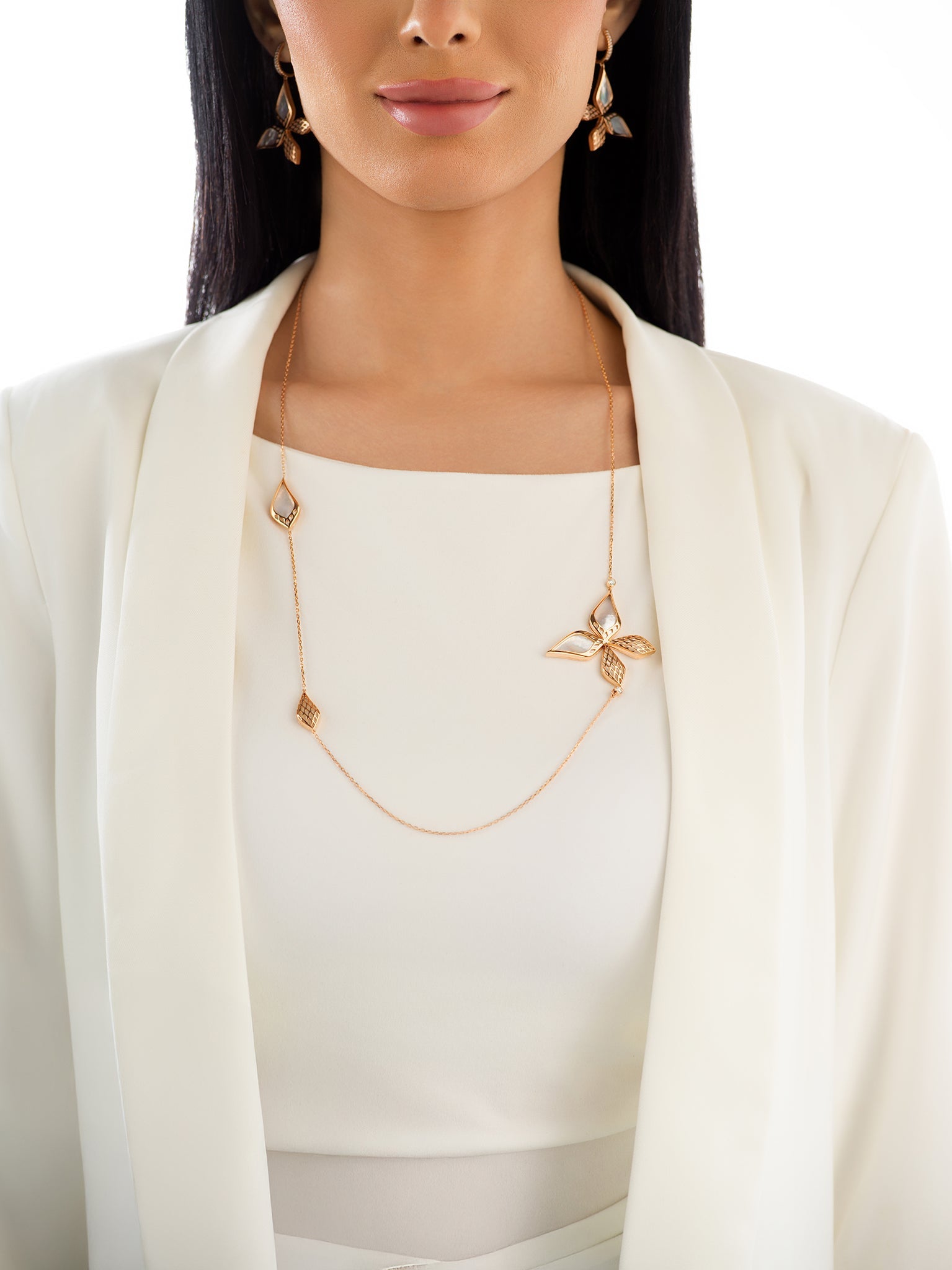 City of Dreamers Blossom Long Necklace – premium luxury 18K Saudi jewelry design from Shahadalqabbaa